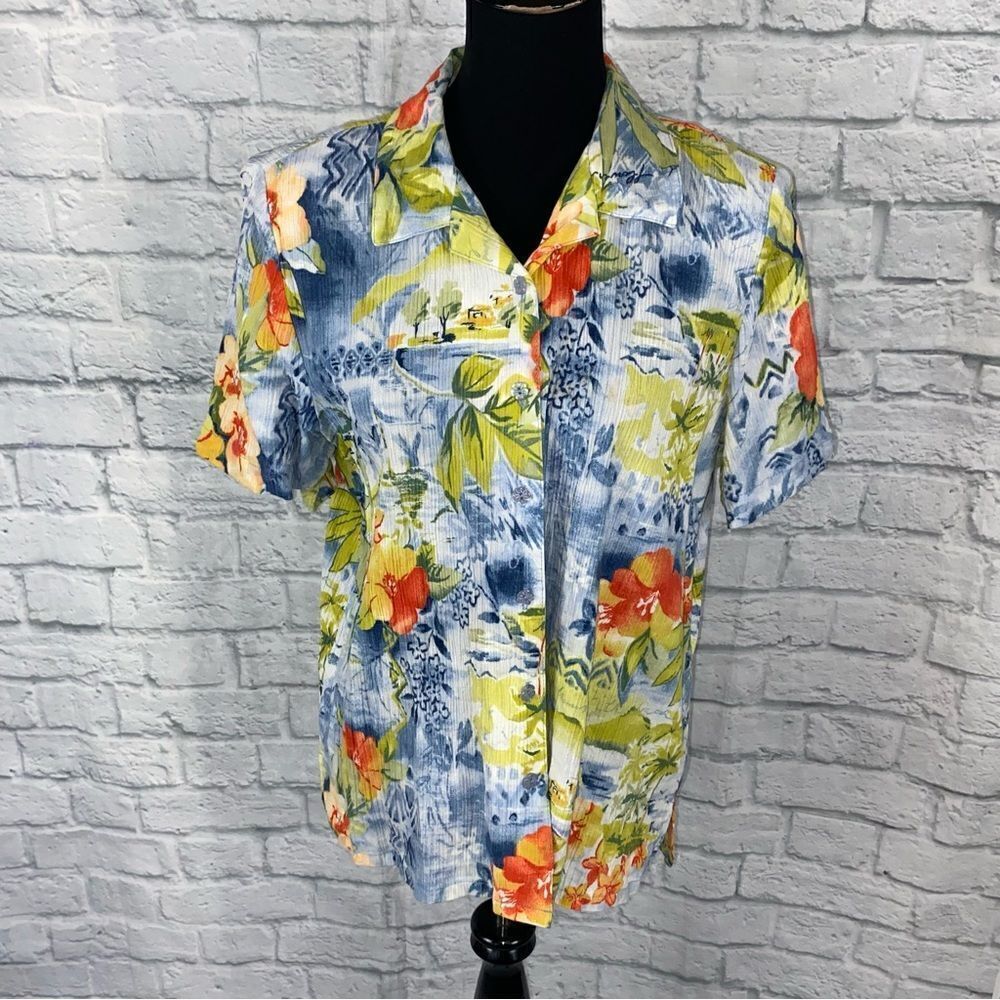 Koret 100% cotton tropical floral button down short sleeve collar top sz large w